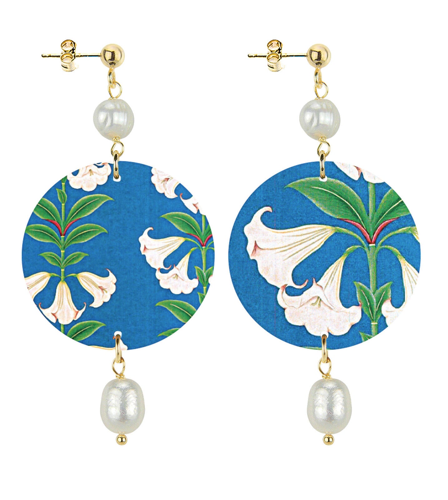 Orecchini Lebole Maison Giglio Bianco Fondo Azzurro Piccolo Perla