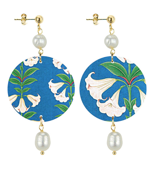 Orecchini Lebole Maison Giglio Bianco Fondo Azzurro Piccolo Perla