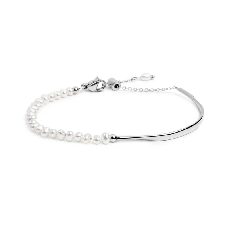 Bracciale acciaio semi rigido con tubolare twisted e catena con perle