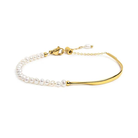 Bracciale semi rigido con tubolare twisted e catena con perle oro