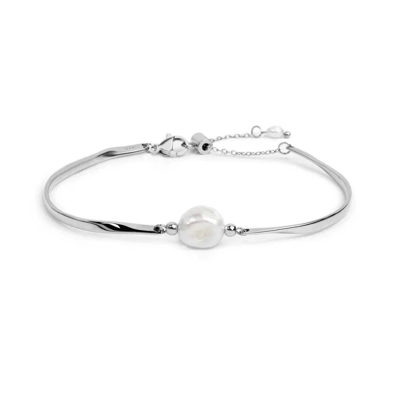 Bracciale Marlù semi rigido con tubolari twisted e perla centrale acciaio