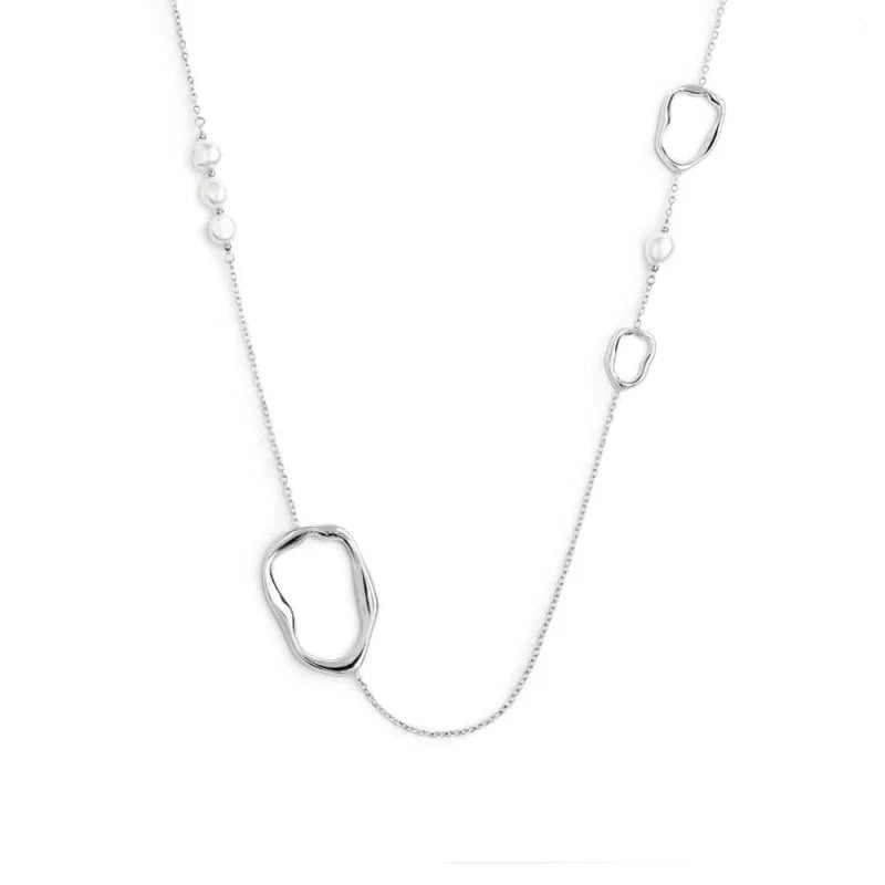 Collana Marlù catena con tre elementi di diverse dimensioni a forma organica e perle acciaio