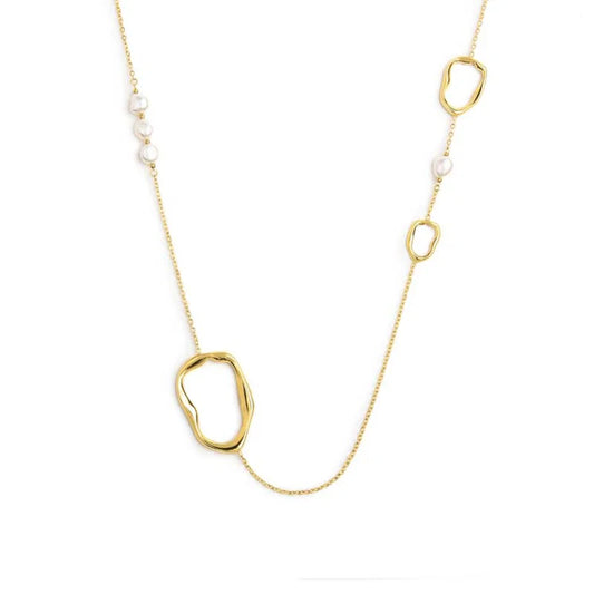 Collana Marlù catena con tre elementi di diverse dimensioni a forma organica e perle oro