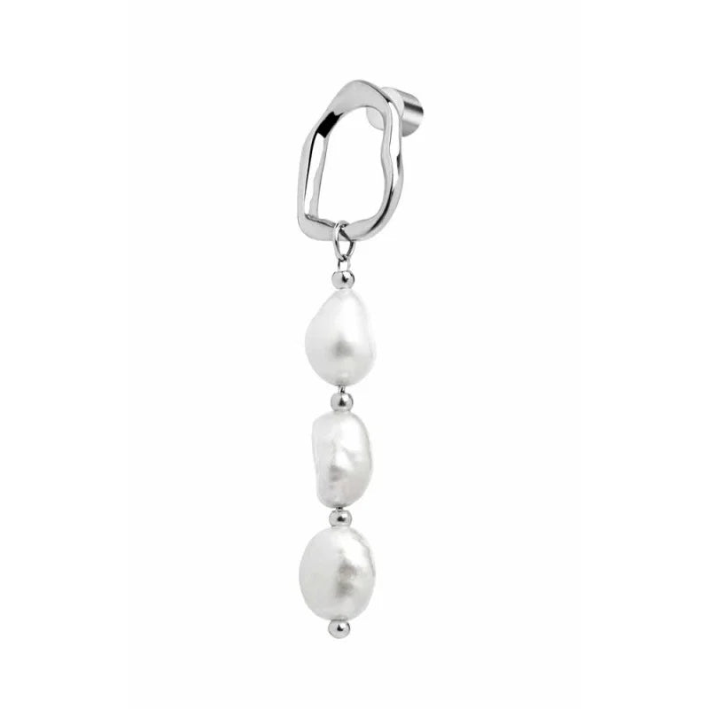 Orecchino mono Marlù a lobo a forma organica con pendente con 3 perle acciaio